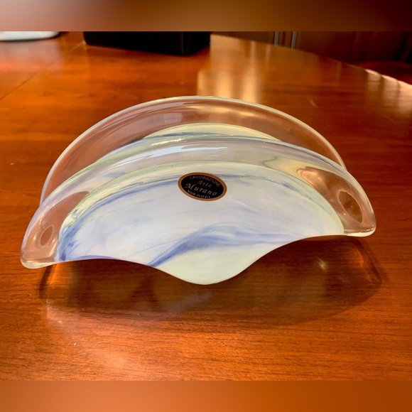 Murano reproduction glass napkin holder light blue & green swirl art glass - Picture 2 of 5